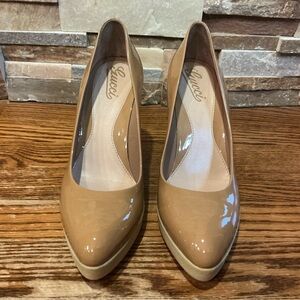 Gucci Beige Patent Leather Platform and White Rubber Pumps Heels
